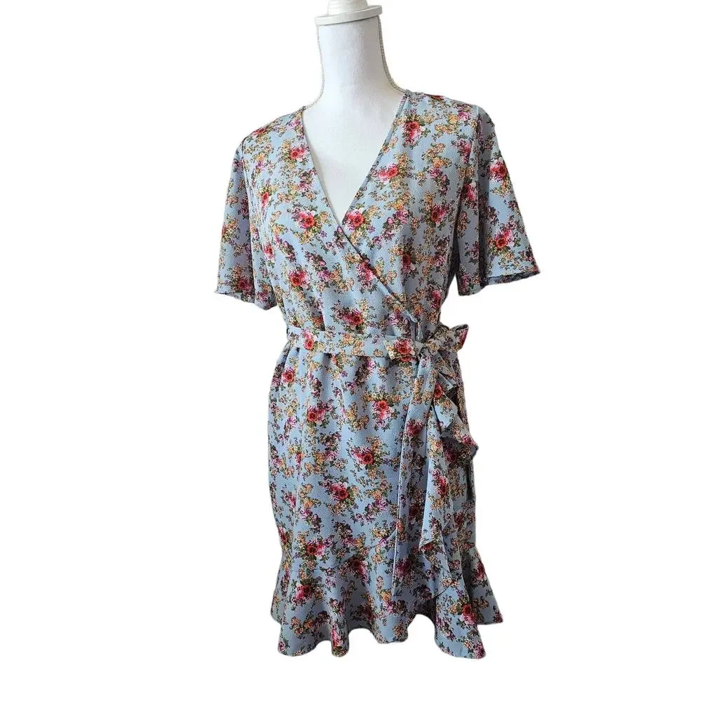 Topshop Floral Wrap Tea Dress Confetti Print Blue – Women’s Size 6 - Picture 1 of 6